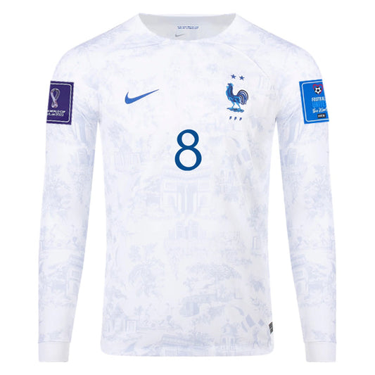Nike France Tchouameni Away Long Sleeve Jersey 22/23 w/ World Cup 2022 Patches (White/Game Royal)