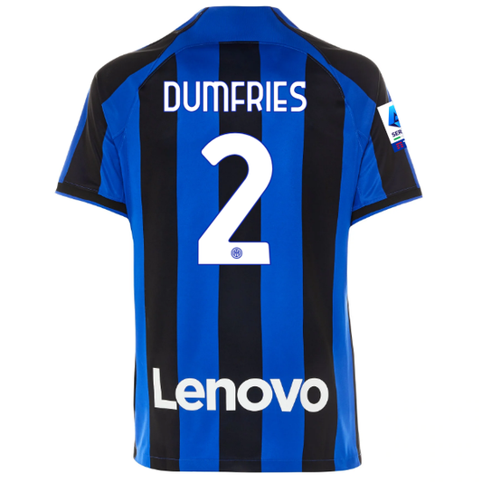 Nike Inter Milan Denzel Dumfries Home Jersey w/ Serie A + Copa Italia Patches 22/23 (Lyon Blue/Black)