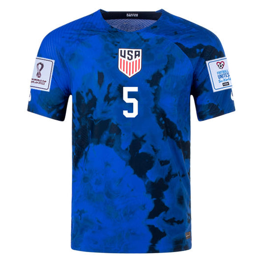 Nike United States Antonee Robinson Authentic Match Away Jersey 22/23 w/ World Cup 2022 Patches (Bright Blue/White)