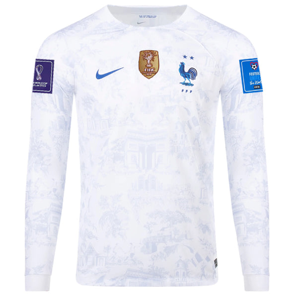 Nike France Away Long Sleeve Jersey 22/23 w/ World Cup 2022 Patches (White/Game Royal)