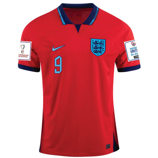 Nike England Harry Kane Away Jersey 22/23 w/ World Cup 2022 Patches (Challenge Red/Blue Void)