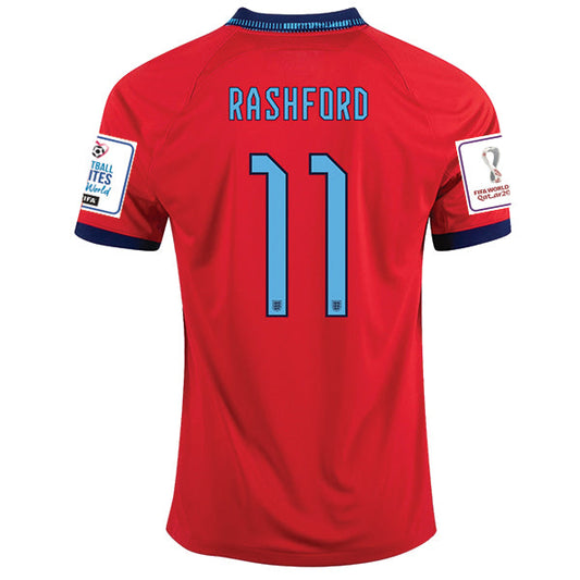 Nike England Marcus Rashford Away Jersey 22/23 w/ World Cup 2022 Patches (Challenge Red/Blue Void)