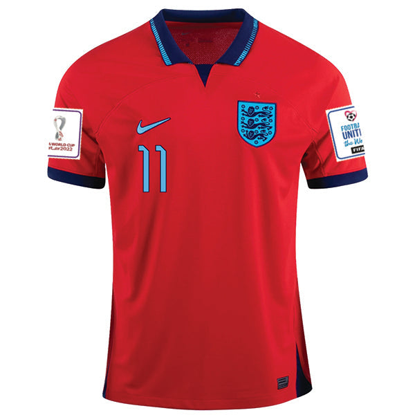 Nike England Marcus Rashford Away Jersey 22/23 w/ World Cup 2022 Patches (Challenge Red/Blue Void)