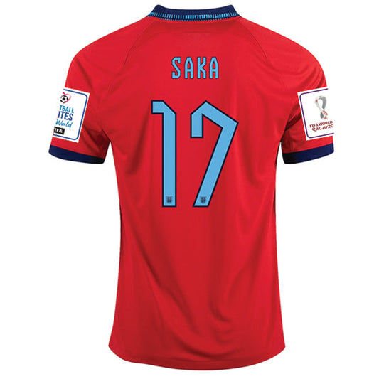 Nike England Bukayo Saka Away Jersey 22/23 w/ World Cup 2022 Patches (Challenge Red/Blue Void)
