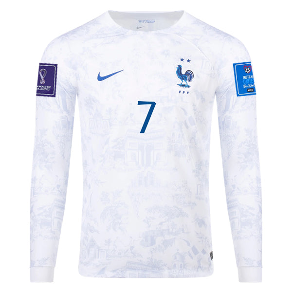 Nike France Griezmann Away Long Sleeve Jersey 22/23 w/ World Cup 2022 Patches (White/Game Royal)