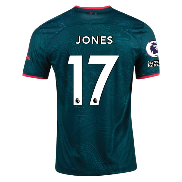 Products Nike Liverpool Jones Third Jersey 22/23 w/ EPL and NRFR Patches (Dark Atomic Teal/Siren Red)