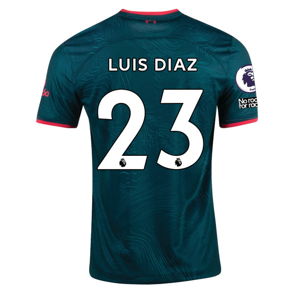 Nike Liverpool Luis Diaz Third Jersey 22/23 w/ EPL and NRFR Patches (Dark Atomic Teal/Siren Red)