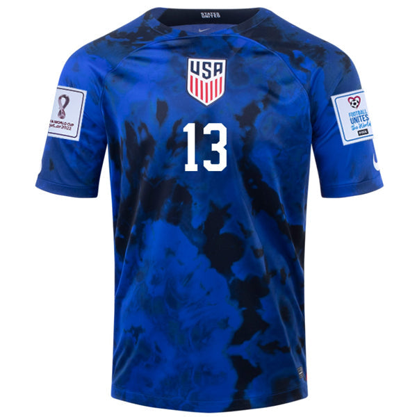 Nike United States Morris Away Jersey 22/23 w/ World Cup 2022 Patches (Bright Blue/White)