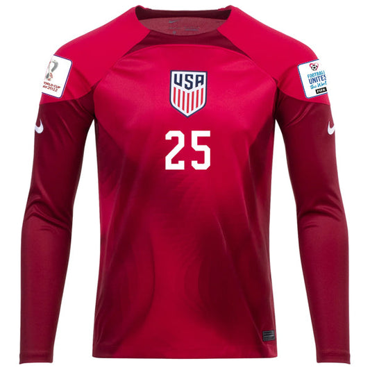 Nike Sean Johnson United States Goalkeeper Long Sleeve Jersey w/ World Cup 2022 Patches (Mystic Hibiscus/Team Red)