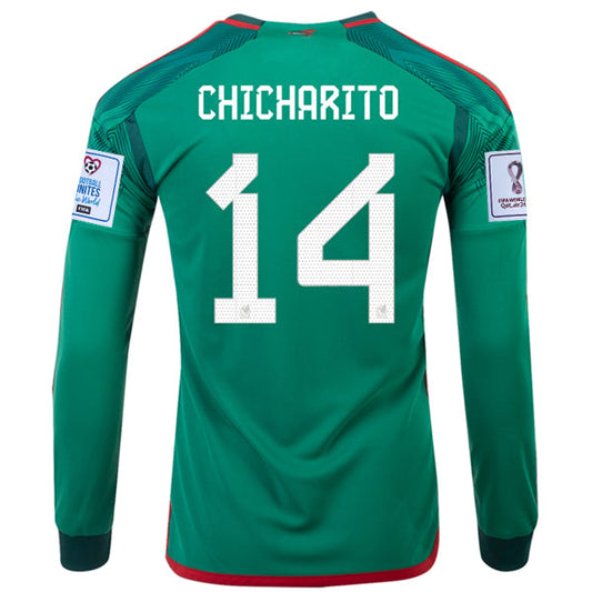 adidas Mexico Chicharito Home Long Sleeve Jersey 22/23 w/ World Cup 2022 Patches (Vivid Green)