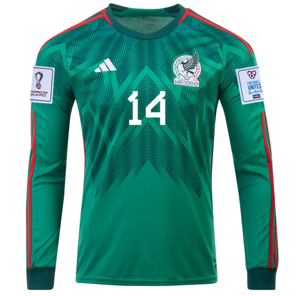 adidas Mexico Chicharito Home Long Sleeve Jersey 22/23 w/ World Cup 2022 Patches (Vivid Green)