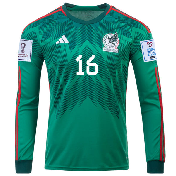 adidas Mexico Hector Herrera Home Long Sleeve Jersey 22/23 w/ World Cup 2022 Patches (Vivid Green)