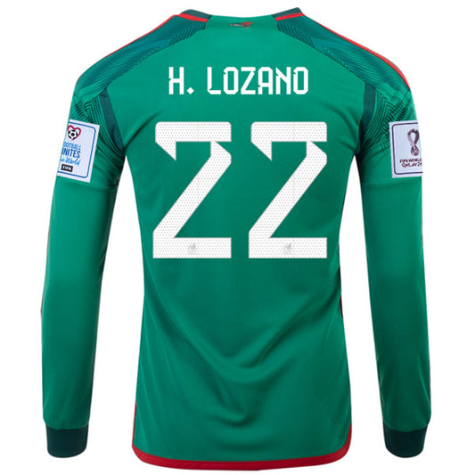 adidas Mexico Hirving Lozano Home Long Sleeve Jersey 22/23 w/ World Cup 2022 Patches (Vivid Green)