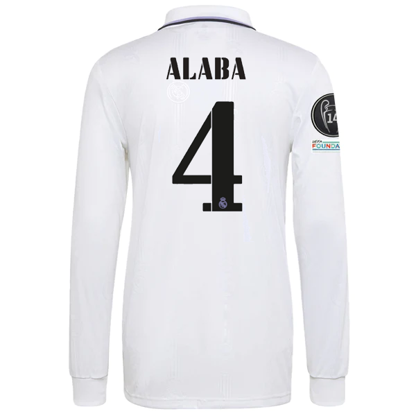 adidas Real Madrid Home David Alaba Long Sleeve Jersey w/ Champions League Patches 22/23 (White)