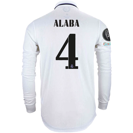 adidas Real Madrid Authentic David Alaba Long Sleeve Home Jersey w/ Champions League Patches 22/23 (White)