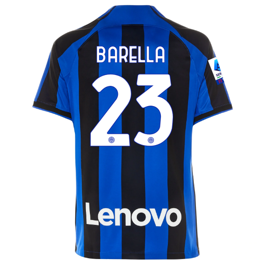 Nike Inter Milan Nicolo Barella Home Jersey w/ Serie A + Copa Italia Patches 22/23 (Lyon Blue/Black)