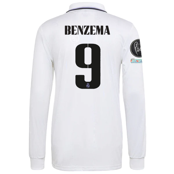 adidas Real Madrid Home Karim Benzema Long Sleeve Jersey w/ Champions League Patches 22/23 (White)