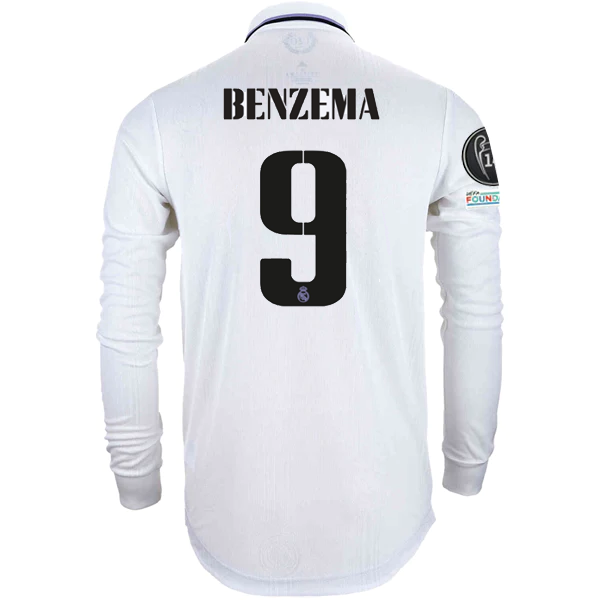 adidas Real Madrid Authentic Karim Benzema Long Sleeve Home Jersey w/ Champions League Patches 22/23 (White)