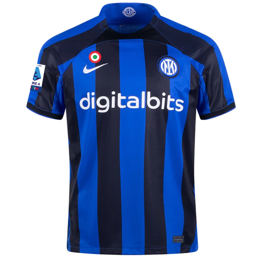 Nike Inter Milan Denzel Dumfries Home Jersey w/ Serie A + Copa Italia Patches 22/23 (Lyon Blue/Black)