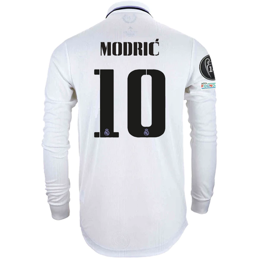 adidas Real Madrid Authentic Luka Modric Long Sleeve Home Jersey w/ Champions League Patches 22/23 (White)