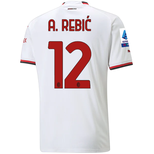 Puma AC Milan Ante Rebic Away Jersey w/ Serie A + Scudetto Patches 22/23 (White)