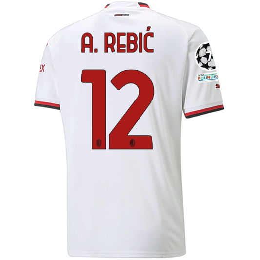 Puma AC Milan Ante Rebic Away Jersey w/ Champions League + Scudetto Patches 22/23 (White)