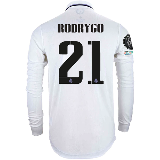 adidas Real Madrid Authentic Rodrygo Long Sleeve Home Jersey w/ Champions League Patches 22/23 (White)