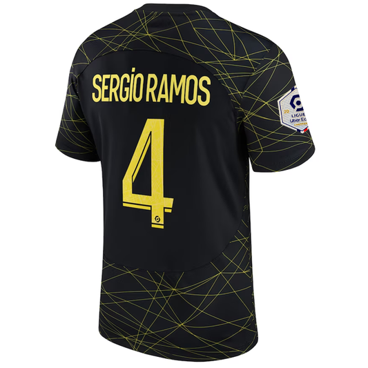 Nike Paris Saint-Germain Sergio Ramos Fourth Jersey + League 1 Patch 22/23 (Black/Tour Yellow)