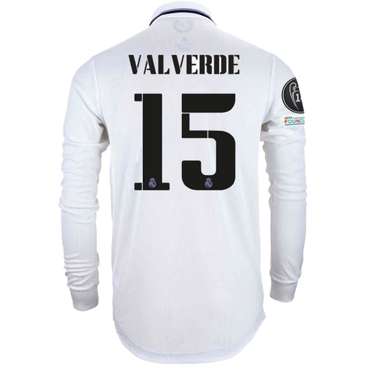 adidas Real Madrid Authentic Federico Valverde Long Sleeve Home Jersey w/ Champions League Patches 22/23 (White)