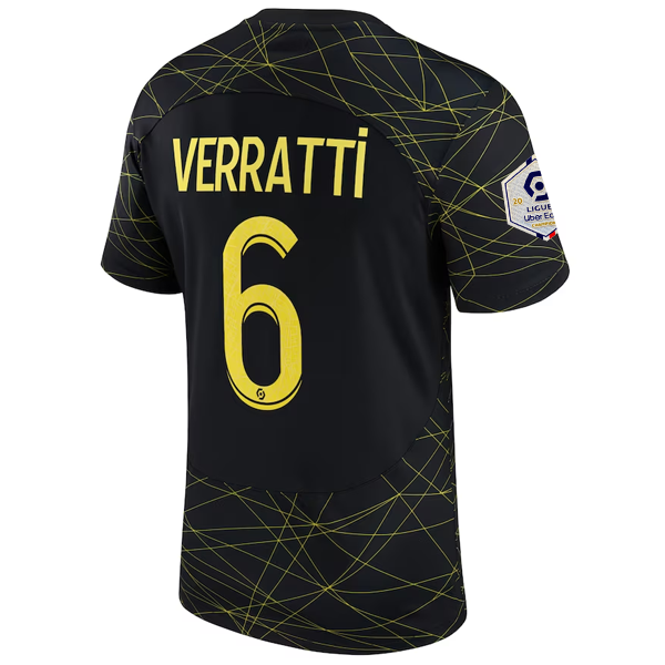 Nike Paris Saint-Germain Marco Verratti Fourth Jersey + League 1 Patch 22/23 (Black/Tour Yellow)