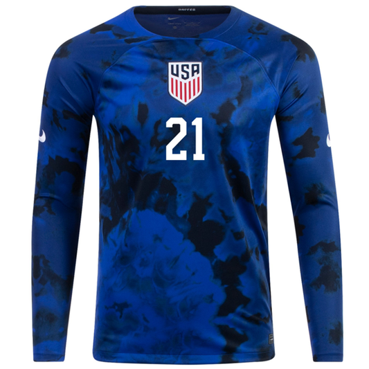 Nike United States Timothy Weah Long Sleeve Away Jersey 22/23 (Bright Blue/White)